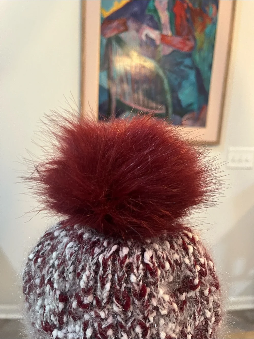 Maroon and White Knit Pom Beanie